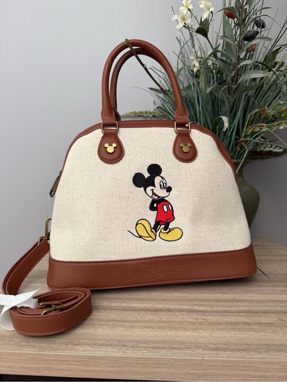 Disney Cream Canvas & Brown Faux Leather Mickey Crossbody Satchel